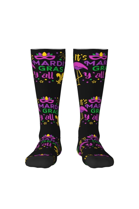Mardi Gras with Flamingo Thigh High Socks Extra Long Stretchy Sock Women Over Knee High Opaque Stocking Daily Wear