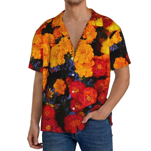 Naloa Marigold Flowers In Different Colors Men's Loose Fit Cuban Collar Short-Sleeve Shirt, Hawaiian Shirts, Mens Shirts Casual for Everyday Wear Outings-Small