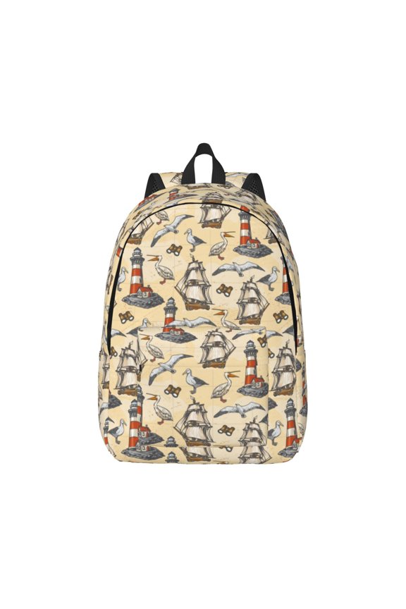 Marine Birds And Coastal Lighthouse Canvas Backpack for Men Women Rucksack Casual Travel Daypack College Tote Satchel Bookbag for Teens-Medium