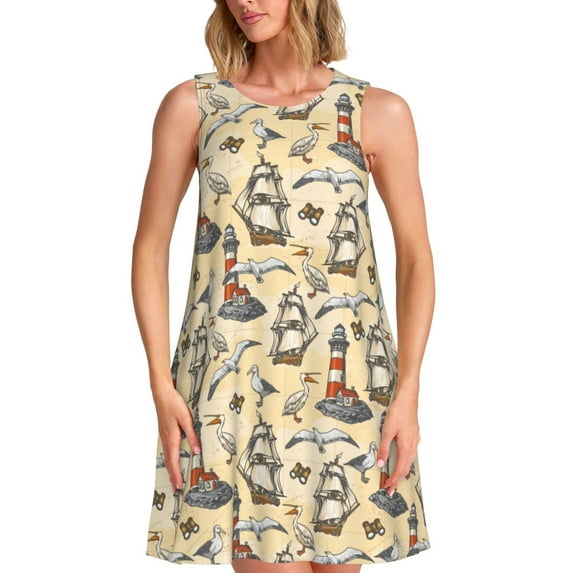 Naloa Marine Birds And Coastal Lighthouse Print Women's Summer Spring Casual Beach Sundress,Vacation Sleeveless Tank Crewneck Loose Dresses