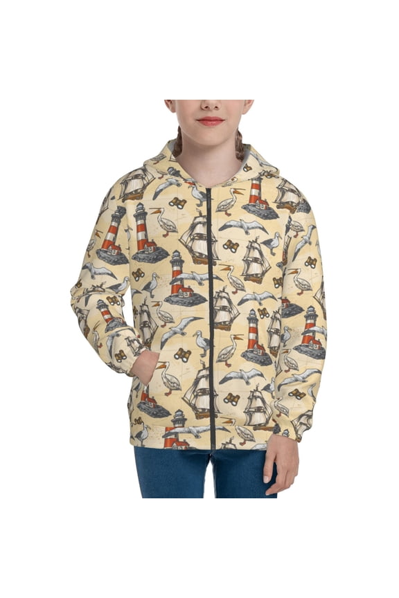 Marine Birds And Coastal Lighthouse Teenage Zipper Hoodie, Long Sleeve Zip Up Hoodies Casual Jackets Tops for 7-12 Years-