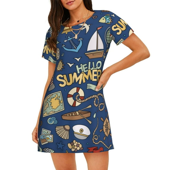 Naloa Marine Nautical Print Women Nightgowns,Womens Loungewear,Short Sleeve Sleepwear,Comfy Ladies Nightdress