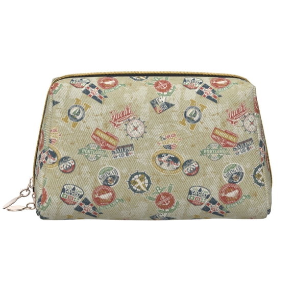 Naloa Marine Sailing Badges Leather Makeup Bag for Purse Travel, Portable Small Cosmetic Organizer for Women and Girls, Make up Bag with Zipper