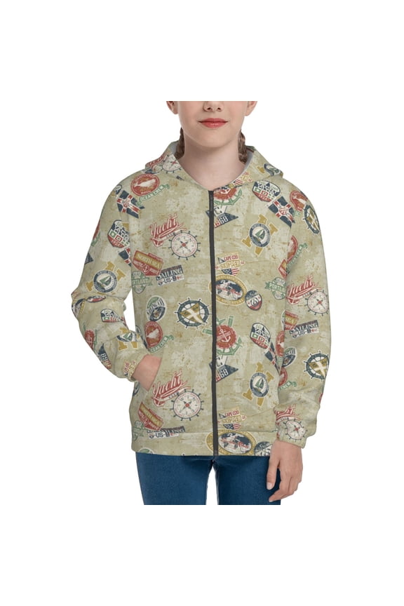 Marine Sailing Badges Teenage Zipper Hoodie, Long Sleeve Zip Up Hoodies Casual Jackets Tops for 7-12 Years-Medium