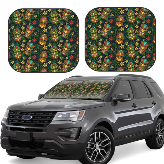 Naloa Mask Tropical Flower Print 2-Piece Windshield Sunshade,Foldable Car Front Window Sun Shades,for Most Sedans SUV Truck-Medium