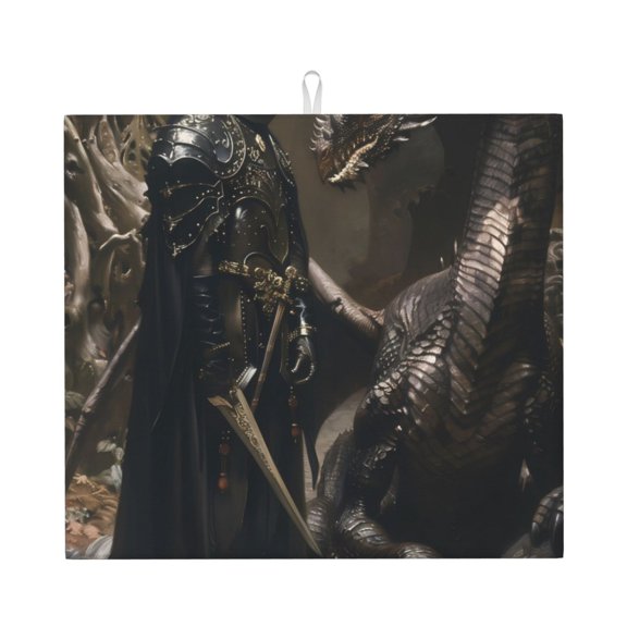 Naloa Medieval Knight And Dragon Dish Drying Mat for Kitchen Counter, Heat Resistant Drainer Mats, Absorbent Draining Mat,Dish Rack Pad,16"x18"