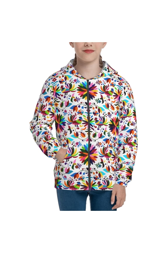 Mexican Bright Style Teenage Zipper Hoodie, Long Sleeve Zip Up Hoodies Casual Jackets Tops for 7-12 Years-Small