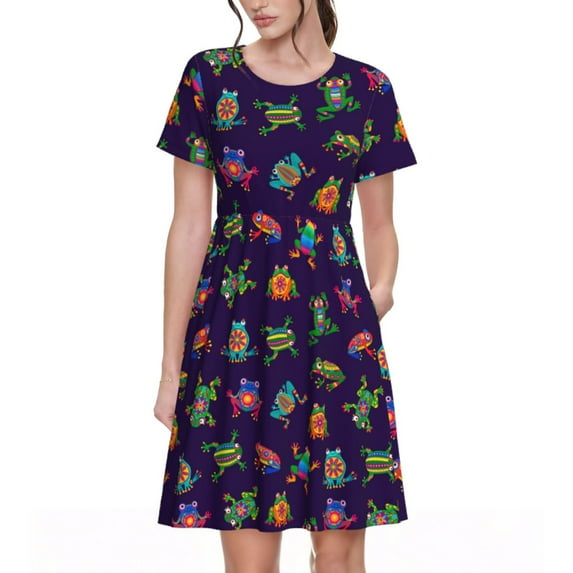 Naloa Mexican Frogs Print Womens Summer A-Line Dress with Pockets,Short Sleeve Dresses,Flowy Beach Swing Dress for Vacation Travel