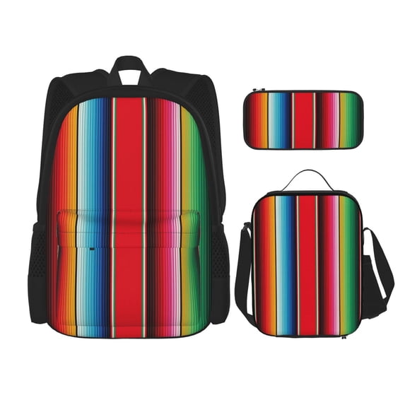 Naloa Mexican Serape Blanket Stripes Print Large Capacity Backpack Lunch Bag Pencil Case Combination 3 Piece Set for Student