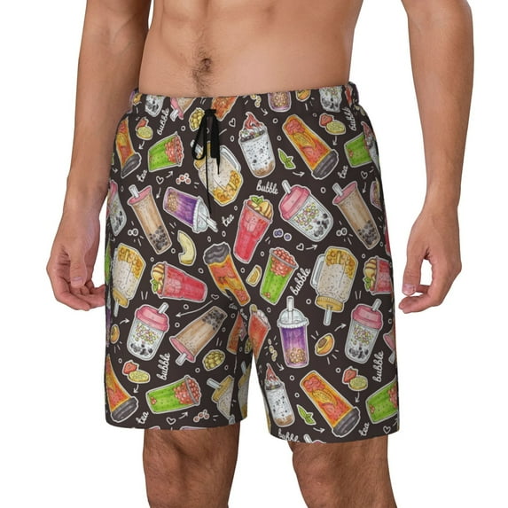 Naloa Milk Tea Print Men Swim Trunks with Compression Liner ,Board Shorts,Men's Swim Shorts with Drawstring and Elastic Waistband-3X-Large
