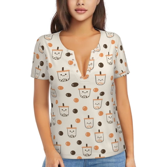 Naloa Milk Tea Print T-Shirts Short Sleeve V Neck Tees for Women Fashion Tops Trendy Lightweight Soft Casual Summer Outfits Clothes