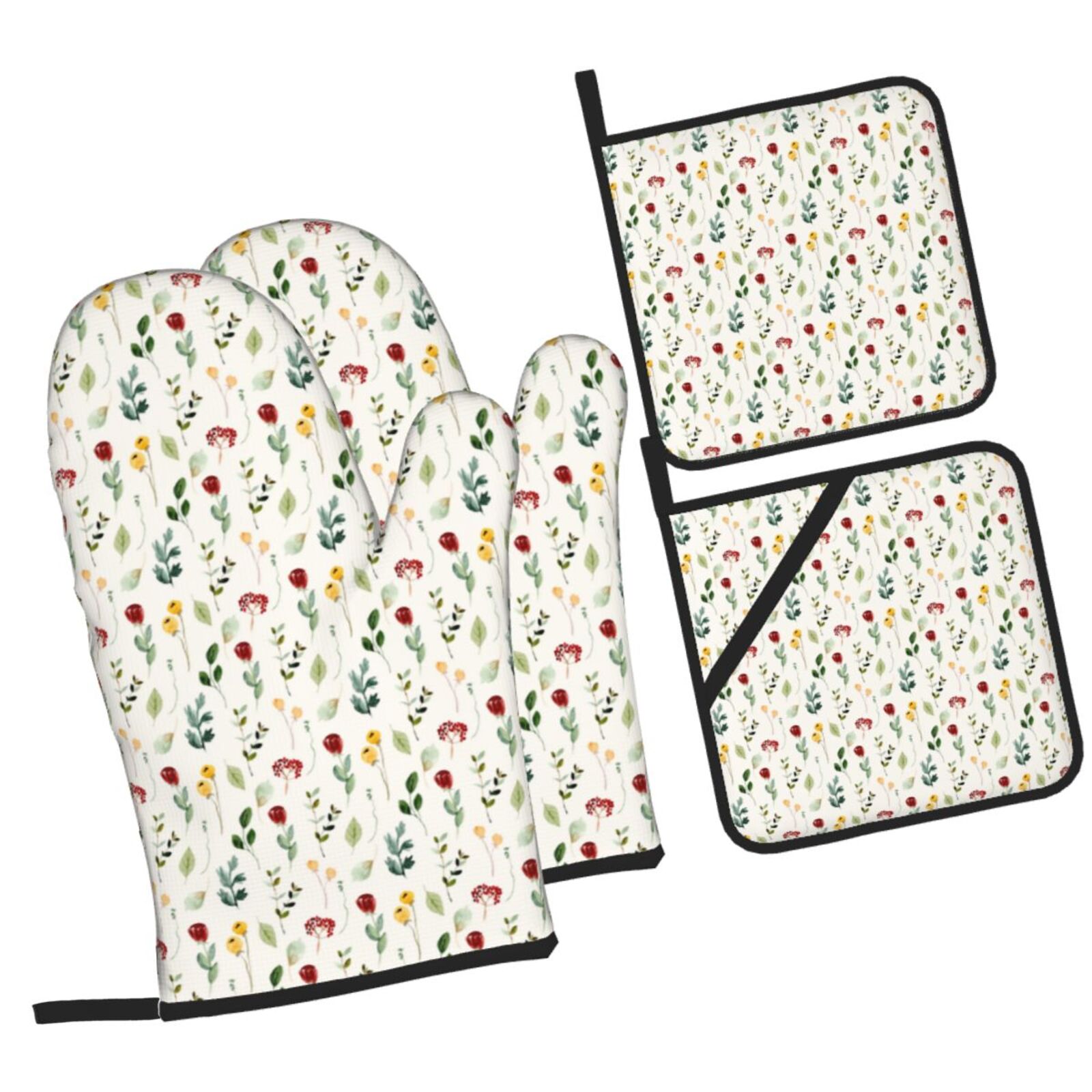 Naloa Mini Wildflower Watercolor Oven Mitts and Pot Holders 4 pcs Set, Cooking Baking Grilling Kitchen Oven Glove for Cooking