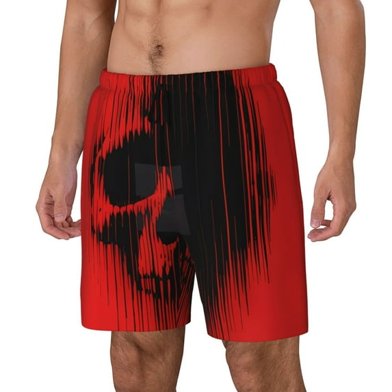 Naloa Minimalist Skull Red Print Men Swim Trunks with Compression Liner ,Board Shorts,Men's Swim Shorts with Drawstring and Elastic Waistband-Medium