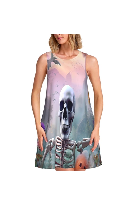 Mist Sunflower Skull Print Women's Summer Spring Casual Beach Sundress,Vacation Sleeveless Tank Crewneck Loose Dresses