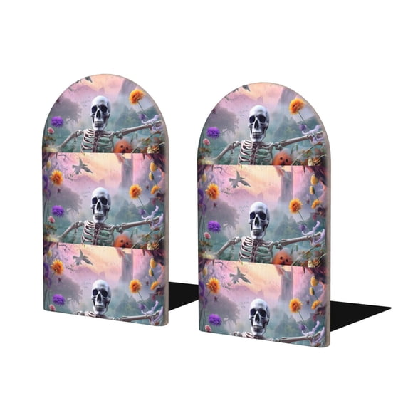 Naloa Mist Sunflower Skull Wood Non-Skid Bookend for Shelves,Book Ends for Heavy Books, Book Stand for CDs,1 Pair