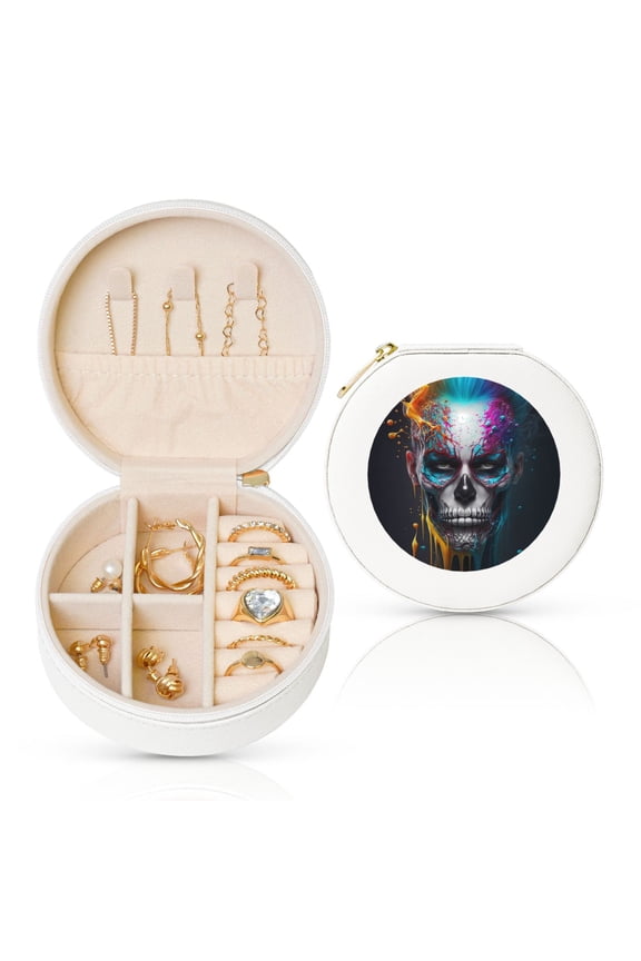 Modern Abstract Colorful Skull Round Jewelry Box, Travel Jewelry Organizer, 3.9 x 3.9 x 2in Jewelry Storage Box for Women-White