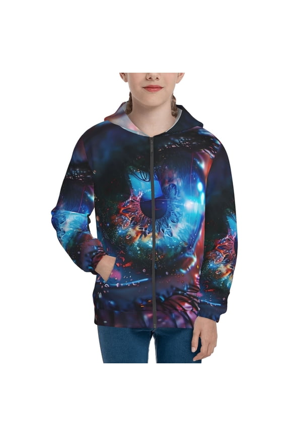 Modern Colorful Eyes Teenage Zipper Hoodie, Long Sleeve Zip Up Hoodies Casual Jackets Tops for 7-12 Years-Medium