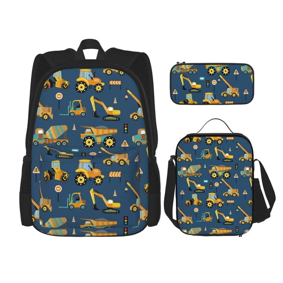 Naloa Modern Excavator Print Large Capacity Backpack Lunch Bag Pencil Case Combination 3 Piece Set for Student