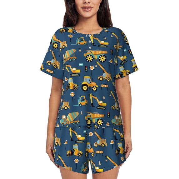 Naloa Modern Excavator Women's Short-Sleeved Pajama Set, Loungewear, Summer pajamas, Breathable Cozy - Large