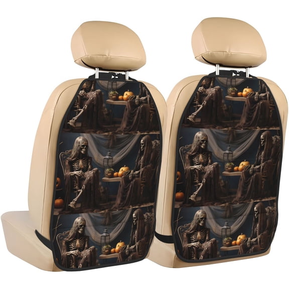 Naloa Modern Skull Sisters 2Pcs Anti-Kick Back Seat Cover Kick Mat, Car Seat Protector with 3 Storage Pockets