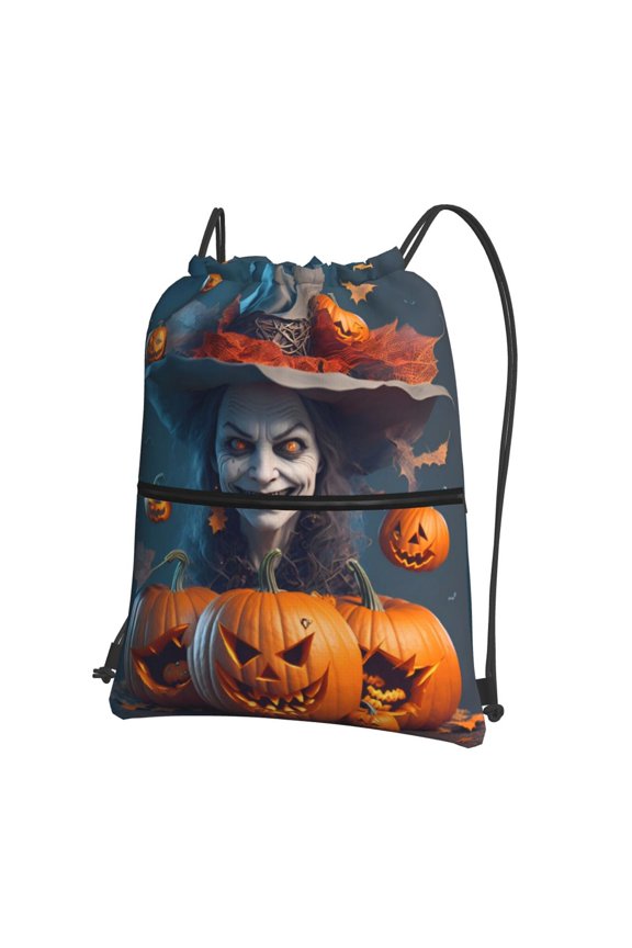 Modern Style Pumpkin Witch Drawstring Backpack String Bag Cinch Water Resistant for Gym Shopping Sport Yoga