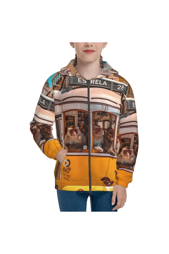Modern Urban Monkey Teenage Zipper Hoodie, Long Sleeve Zip Up Hoodies Casual Jackets Tops for 7-12 Years-Small