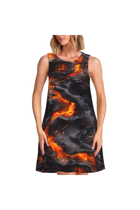 Molten Lava Abstract Flow Print Women's Summer Spring Casual Beach Sundress,Vacation Sleeveless Tank Crewneck Loose Dresses