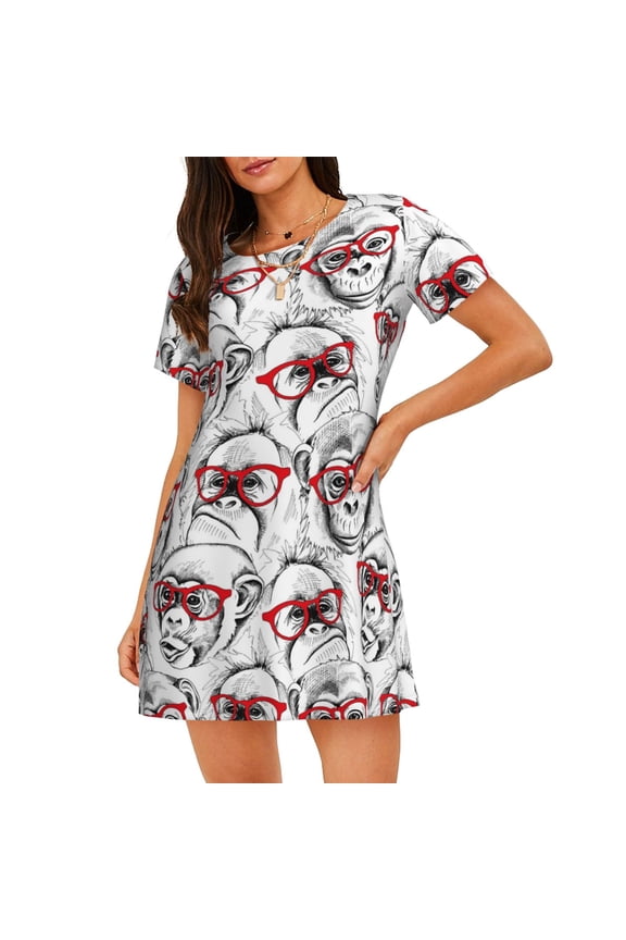 Monkey Print Women Nightgowns,Womens Loungewear,Short Sleeve Sleepwear,Comfy Ladies Nightdress