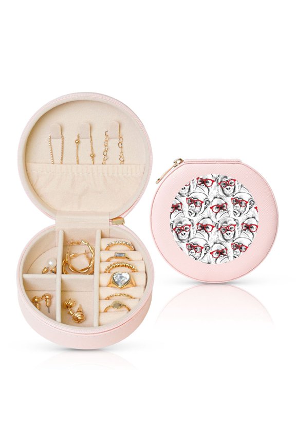 Monkey Round Jewelry Box, Travel Jewelry Organizer, 3.9 x 3.9 x 2in Jewelry Storage Box for Women-Pink