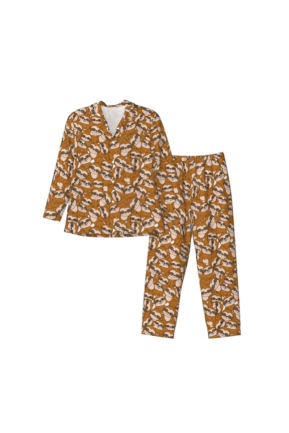 Monkey Sloth Men’s Pajamas Set - Long Sleeve Button Down Sleep Shirt and Pajama Bottoms Sleepwear Set-Medium