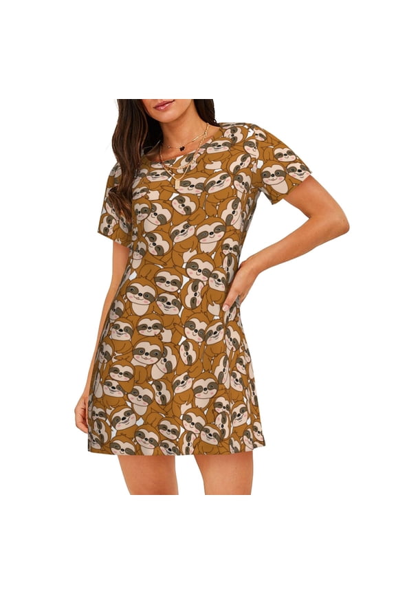 Monkey Sloth Print Women Nightgowns,Womens Loungewear,Short Sleeve Sleepwear,Comfy Ladies Nightdress