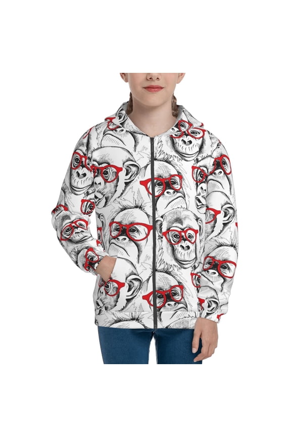 Monkey Teenage Zipper Hoodie, Long Sleeve Zip Up Hoodies Casual Jackets Tops for 7-12 Years-Medium