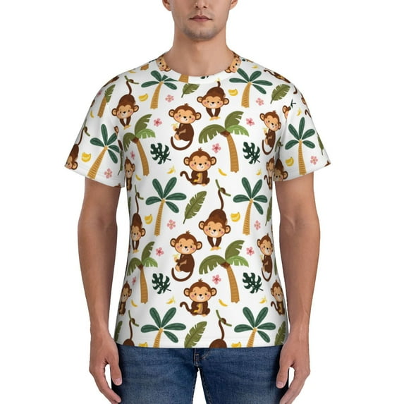 Naloa Monkeys Swinging from Palms Men's T-Shirt Sport T-shirt Men's Basic Tee Casual Men's Shirt, Round Neck, Short Sleeves - Large
