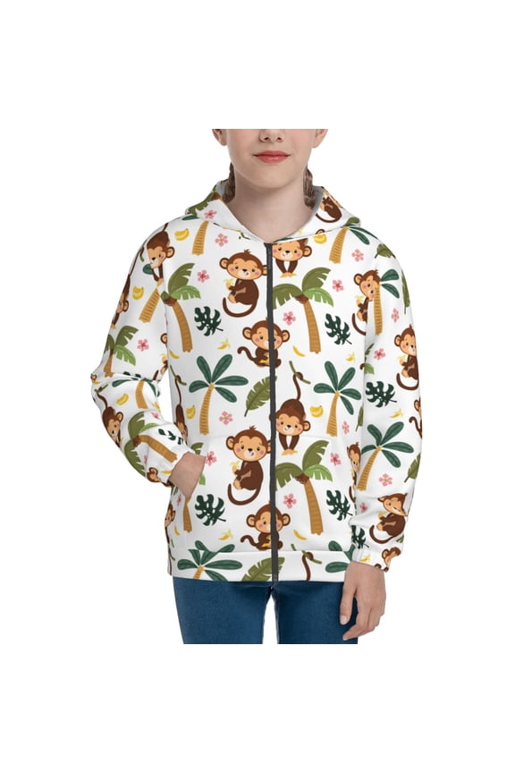 Monkeys Swinging from Palms Teenage Zipper Hoodie, Long Sleeve Zip Up Hoodies Casual Jackets Tops for 7-12 Years-