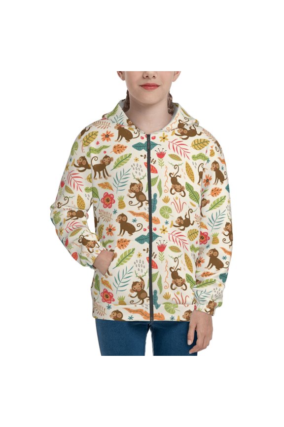 Monkeys in the Jungle Teenage Zipper Hoodie, Long Sleeve Zip Up Hoodies Casual Jackets Tops for 7-12 Years-Small