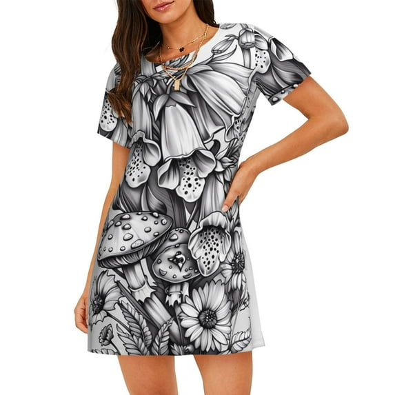 Naloa Monochrome Botanical Illustration Print Women Nightgowns,Womens Loungewear,Short Sleeve Sleepwear,Comfy Ladies Nightdress
