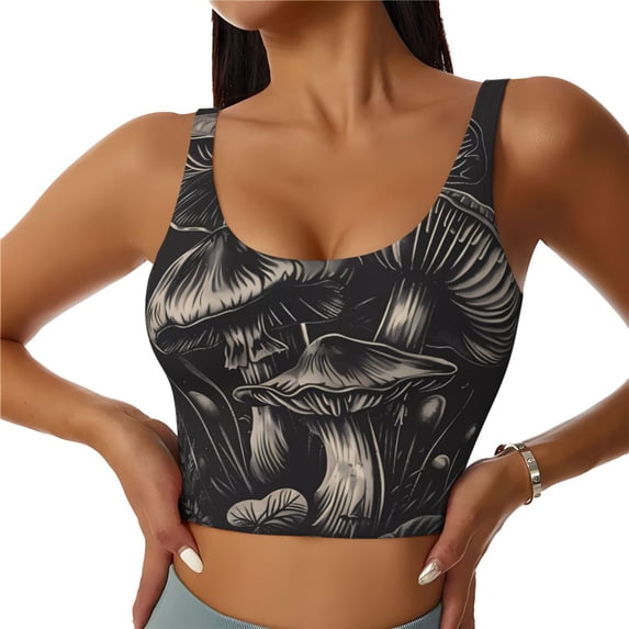 Naloa Monochrome Mushroom Artwork Sports Bras for Women,Sports Bras for Women High Support with Removable Pads-Large