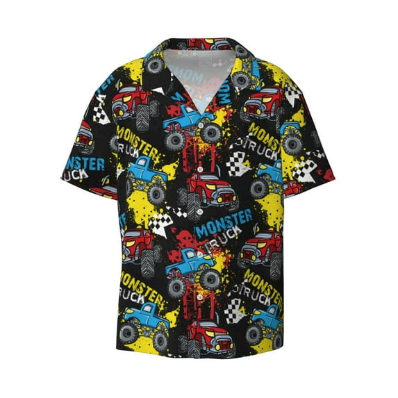 Naloa Monster Car Men's Loose Fit Cuban Collar Short-Sleeve Shirt with Button-down and Chest Pocket for Everyday Wear Outings - Small