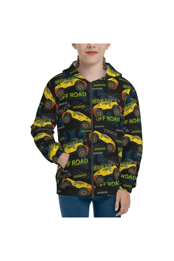 Monster Truck1 Teenage Zipper Hoodie, Long Sleeve Zip Up Hoodies Casual Jackets Tops for 7-12 Years-Small
