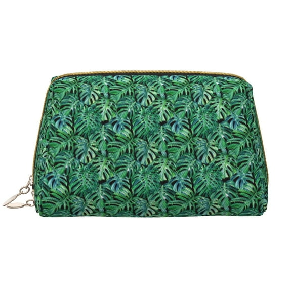 Naloa Monstera Leaves Leather Makeup Bag for Purse Travel, Portable Small Cosmetic Organizer for Women and Girls, Make up Bag with Zipper