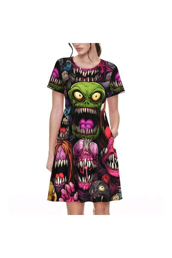 Monstrous Cartoon Characters Print Womens Summer A-Line Dress with Pockets,Short Sleeve Dresses,Flowy Beach Swing Dress for Vacation Travel