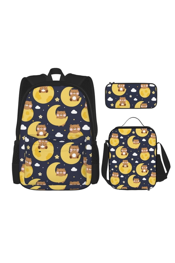 Moon Bear Print Large Capacity Backpack Lunch Bag Pencil Case Combination 3 Piece Set for Student