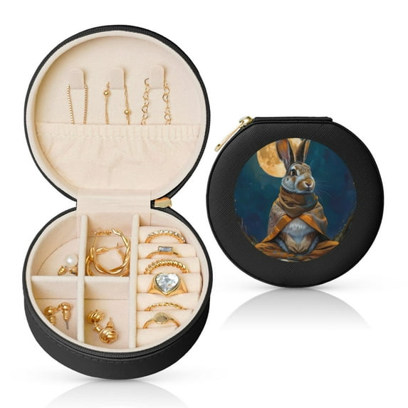 Naloa Moon Night Sky Cute Rabbit Round Jewelry Box, Travel Jewelry Organizer, 3.9 x 3.9 x 2in Jewelry Storage Box for Women-Black