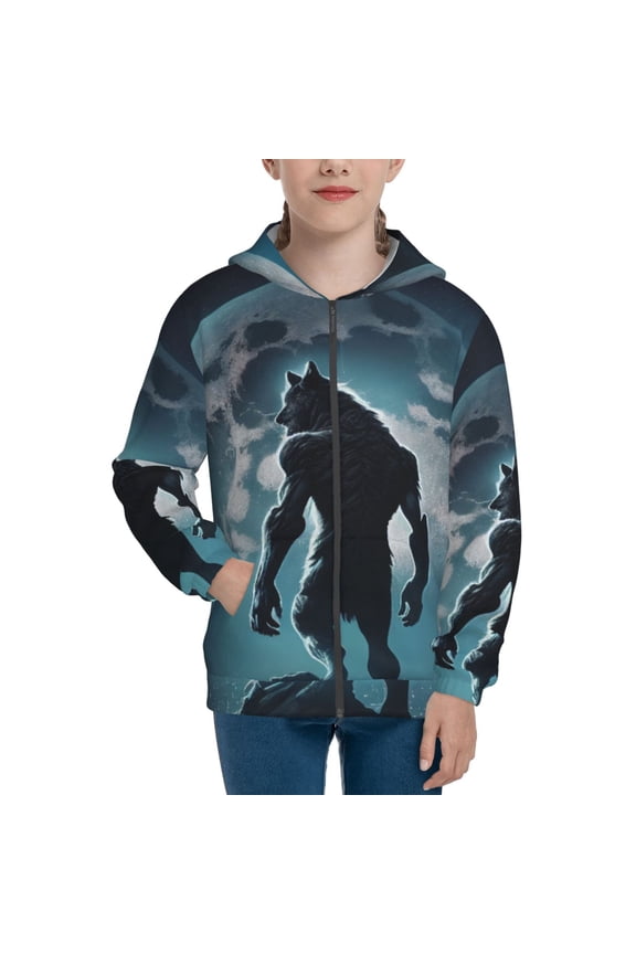 Moon Wolf Warrior Teenage Zipper Hoodie, Long Sleeve Zip Up Hoodies Casual Jackets Tops for 7-12 Years-Small