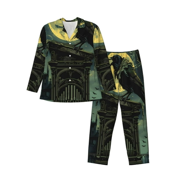 Naloa MoonNight Sky Crow Men’s Pajamas Set - Long Sleeve Button Down Sleep Shirt and Pajama Bottoms Sleepwear Set-X-Large