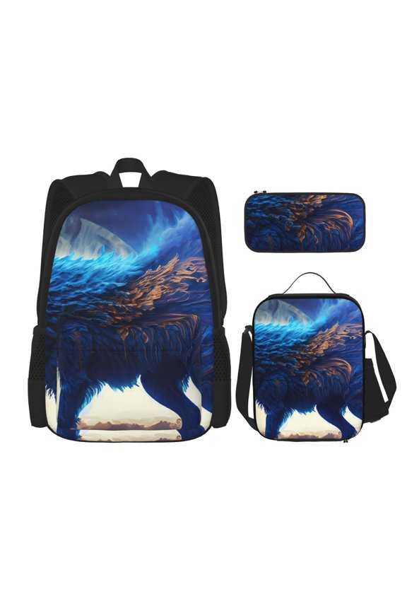 Moonlit Blue Wolf Print Large Capacity Backpack Lunch Bag Pencil Case Combination 3 Piece Set for Student