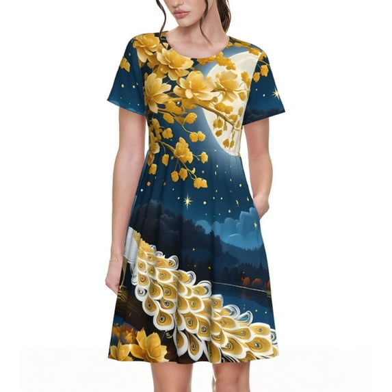Naloa Moonlit Golden Tree Peacock Print Womens Summer A-Line Dress with Pockets,Short Sleeve Dresses,Flowy Beach Swing Dress for Vacation Travel