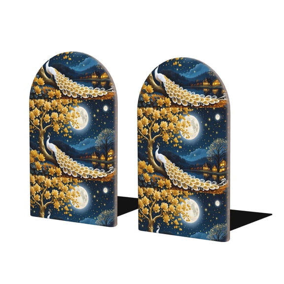 Naloa Moonlit Golden Tree Peacock Wood Non-Skid Bookend for Shelves,Book Ends for Heavy Books, Book Stand for CDs,1 Pair
