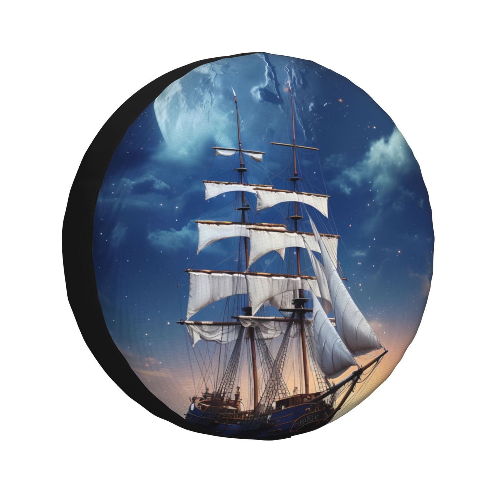 Naloa Moonlit Night Sea Sailboat PVC Leather Spare Tire Wheel Cover for