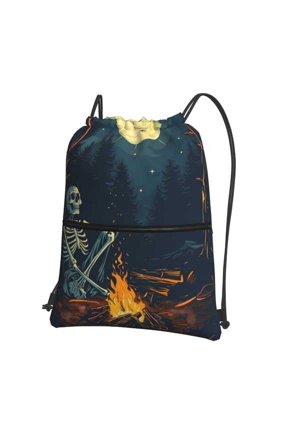 Moonlit Skeleton Campfire Drawstring Backpack String Bag Cinch Water Resistant for Gym Shopping Sport Yoga